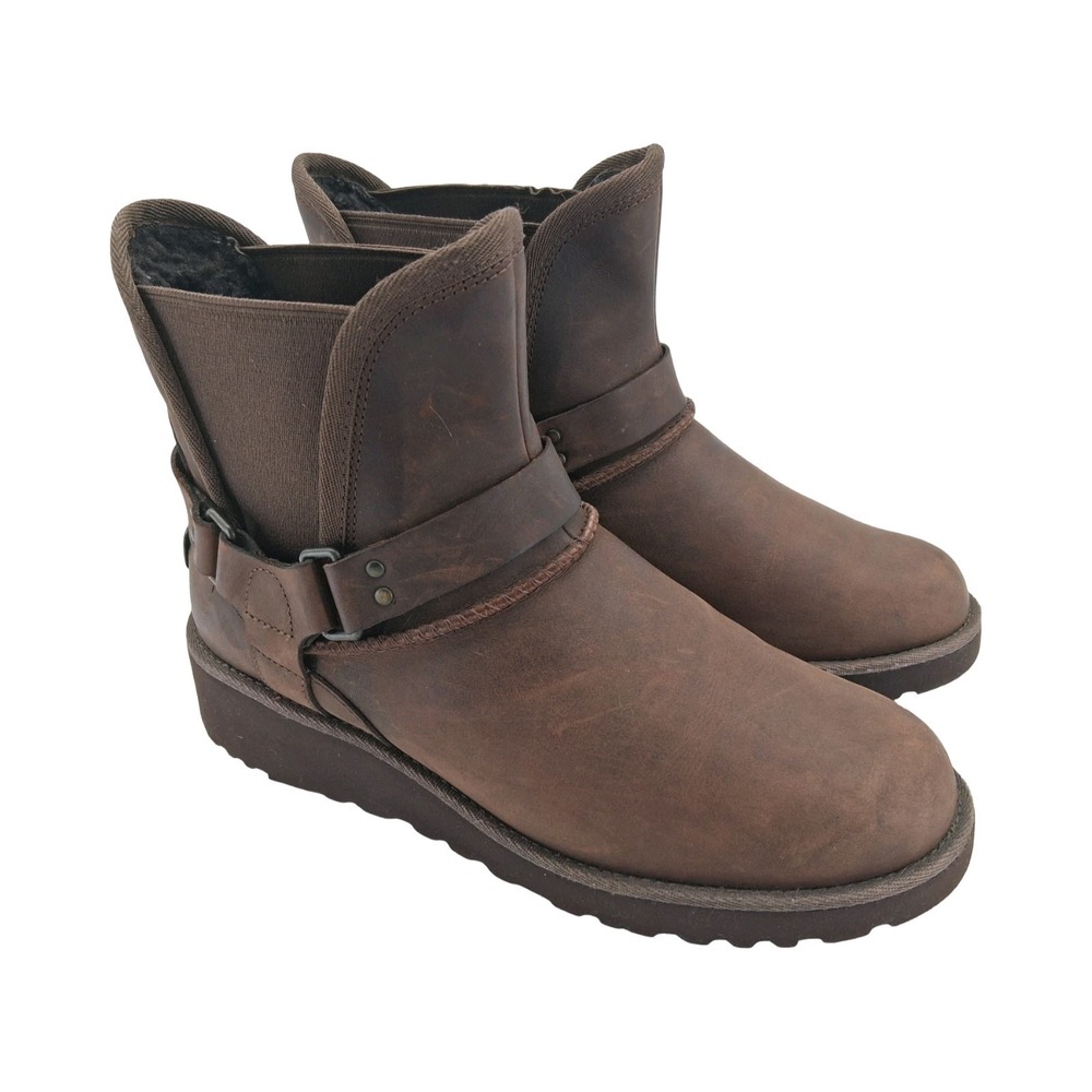 UGG Boots Womens Size 6 Brown Leather Shearling Lined Harness Ankle Wedge